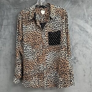 Chicos Leopard Print Top Blouse Size XL Polka Dot Mix Button Down Animal Print